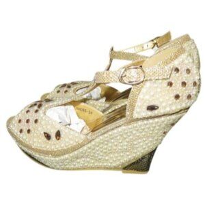 Rhinestone Pearl Embellished Metallic Gold Platform T strap Wedges sz 38